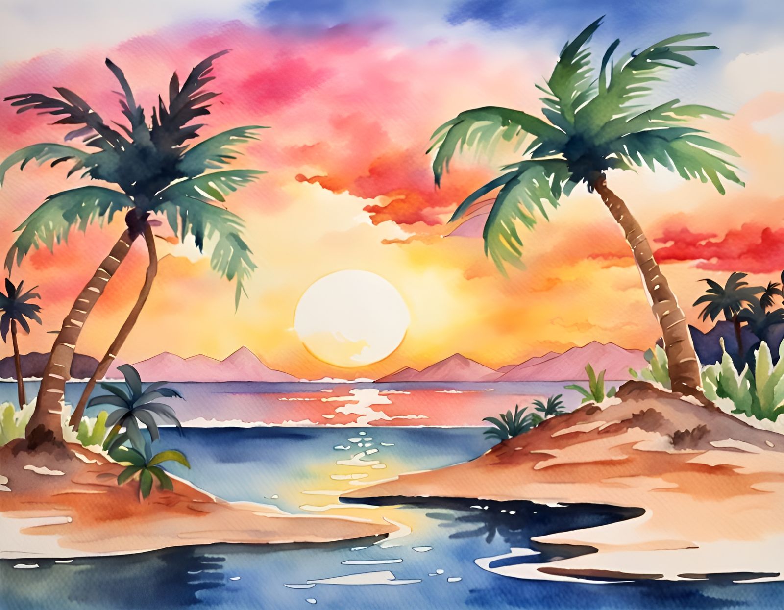 Sunset Island Oasis Watercolor Painting