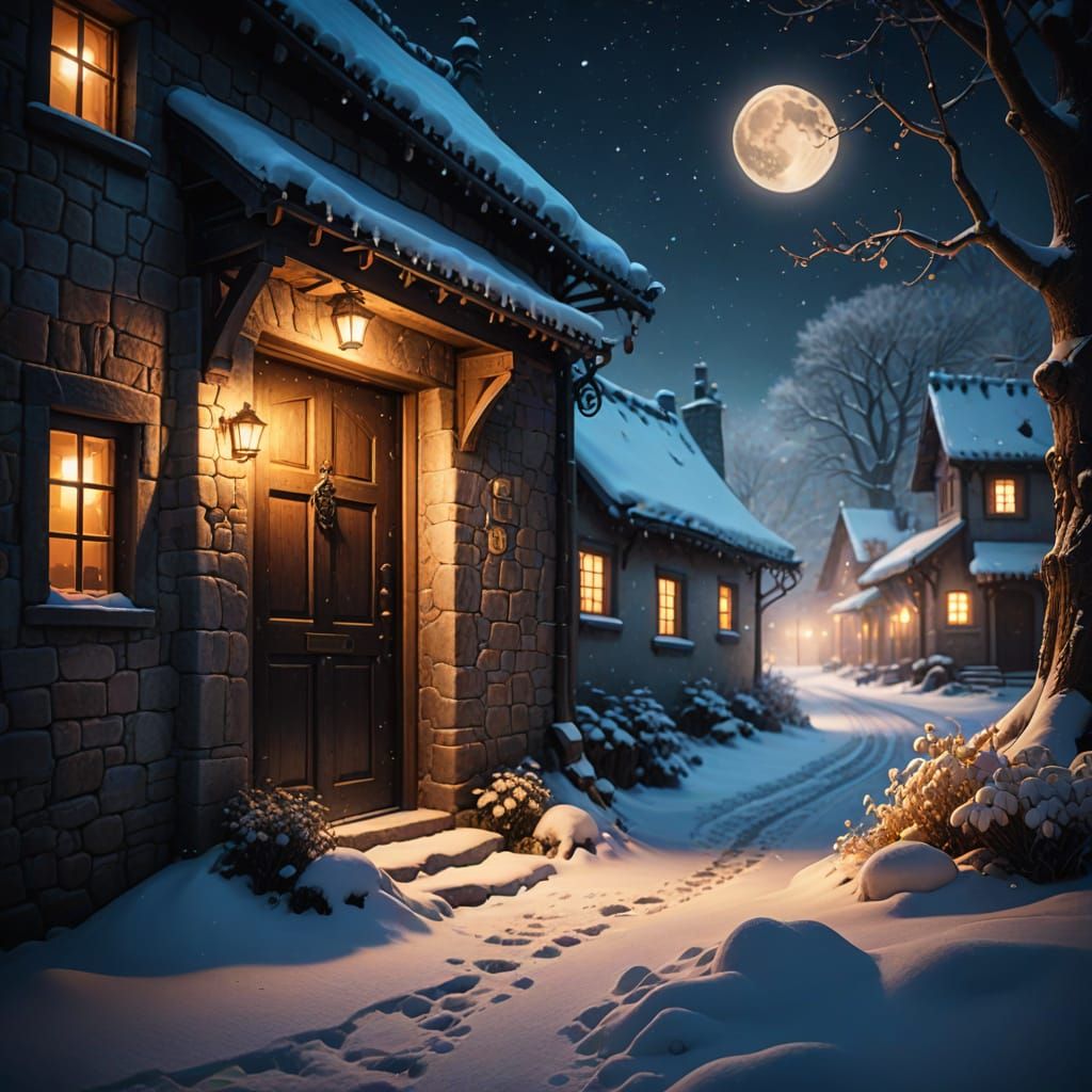 Enchanted Snowy Village Under Full Moon in Dreamy Ambiance