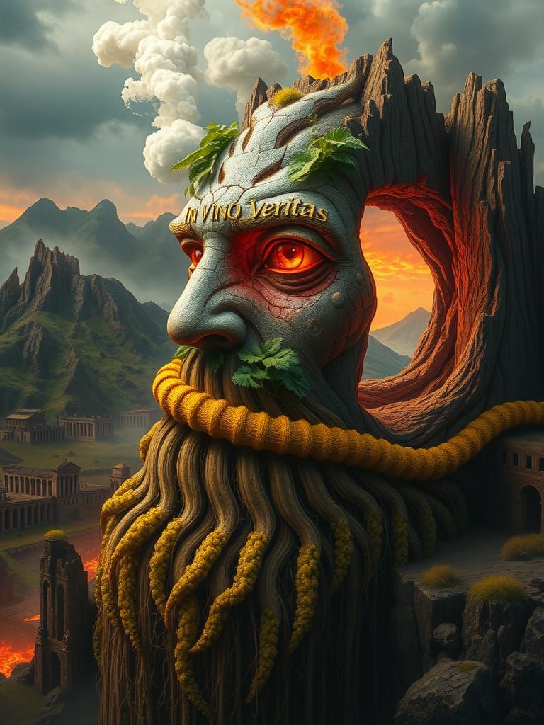 Ancient Giant Head with Dueling Worlds, Digital Art