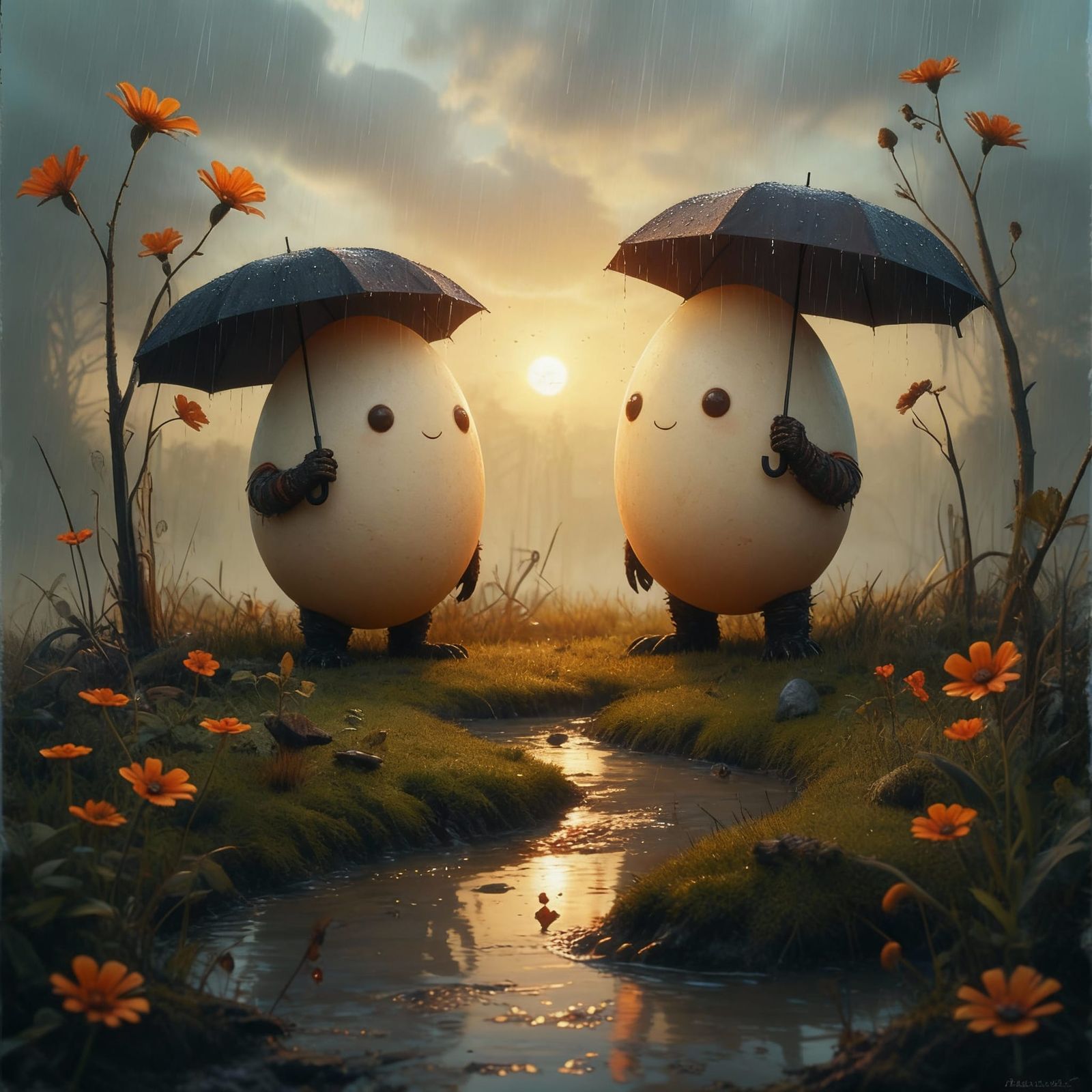 big eggheads standing in the rain under umbrellas