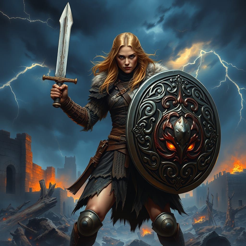 Fierce Shieldmaiden in Norse Armor, Inspired by Dark Fantasy