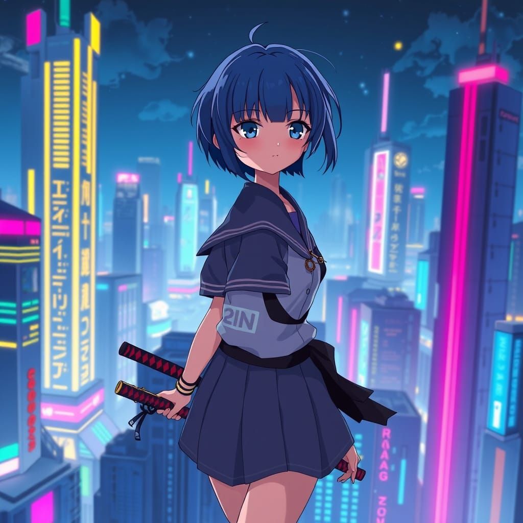 Anime Schoolgirl in Cyberpunk Metropolis, Ghibli-Inspired
