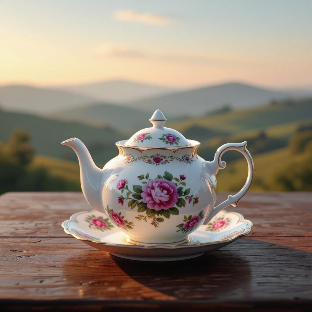 Ornate Teapot on Rustic Table at Dawn