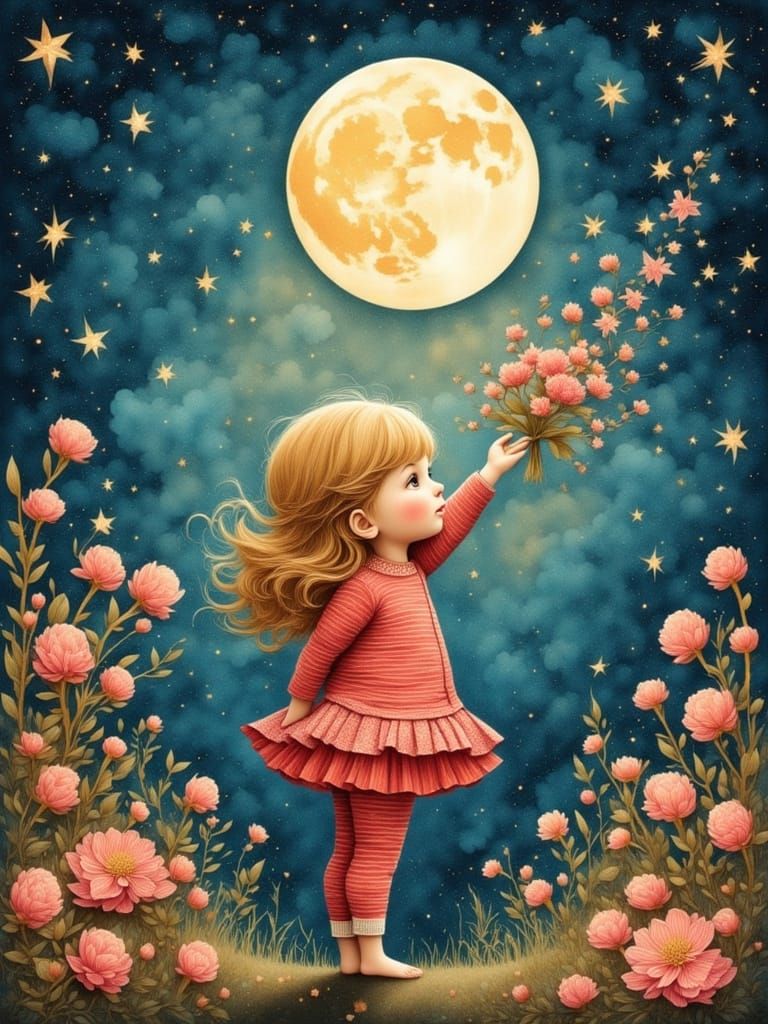 Watercolor Girl Reaching for Moon in Dreamy Landscape