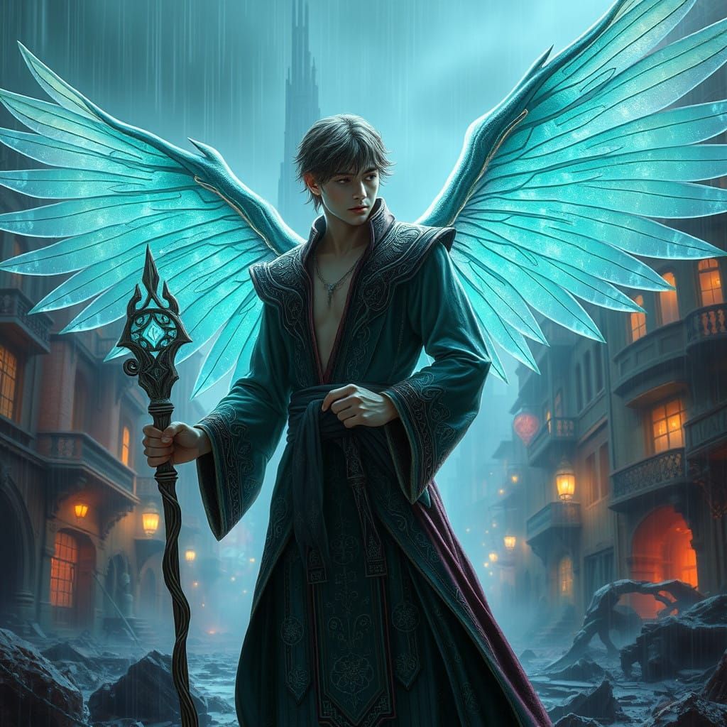 Mystical Winged Sorcerer in Ancient Kingdom