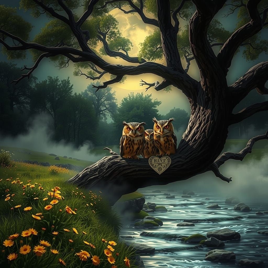 Owls Perched in a Vibrant Spring Scene with Soft Moonlight