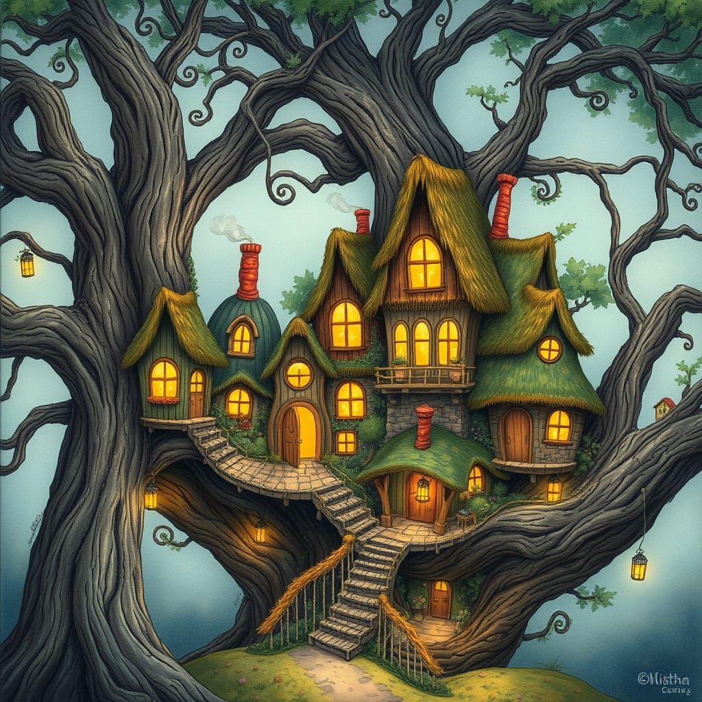 Whimsical Treehouse Village in Pastel Style