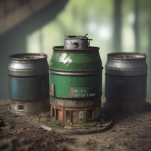 Rusty Tin Can Cityscape in Vibrant Green