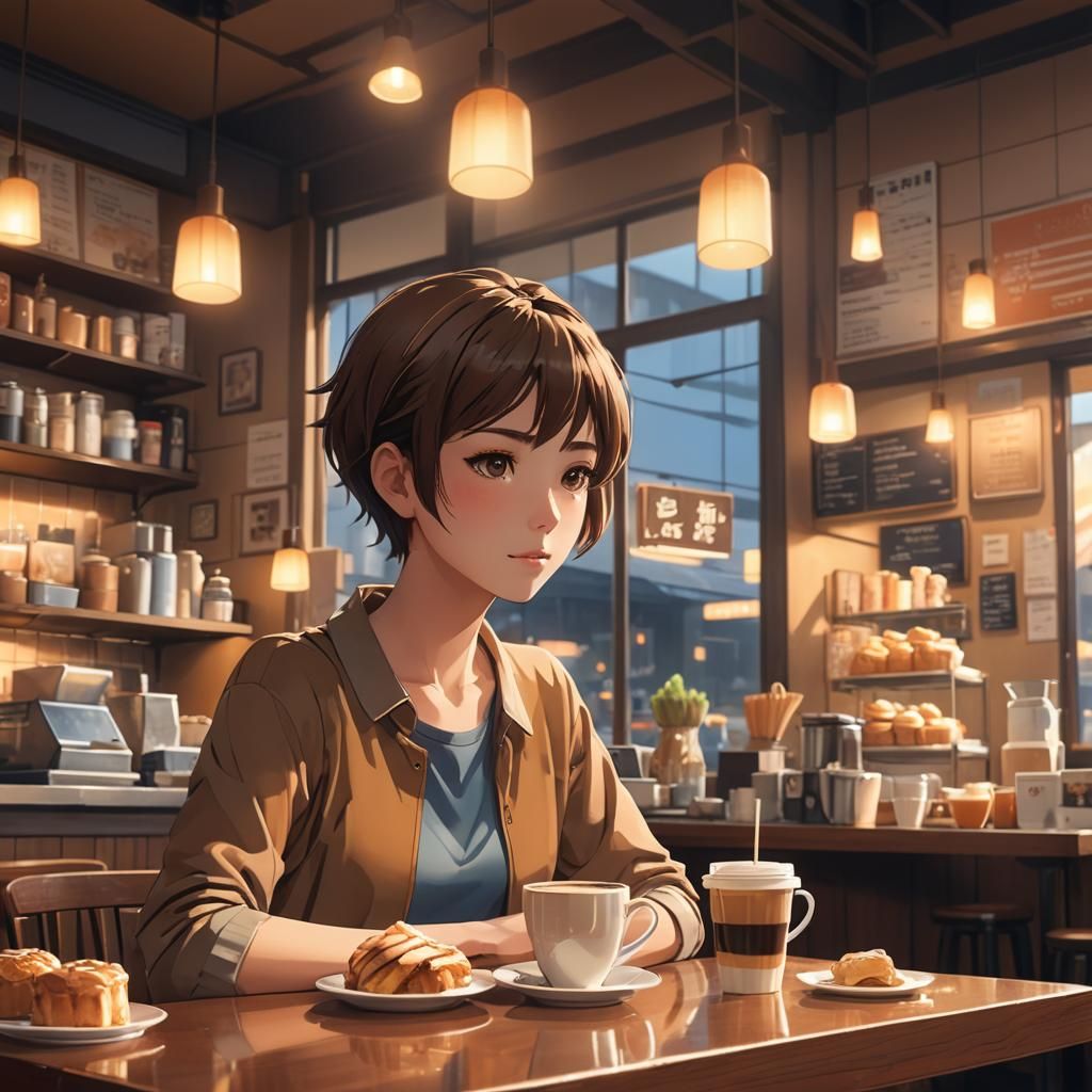 Anime Girl in Coffee Shop, Shinkai Style