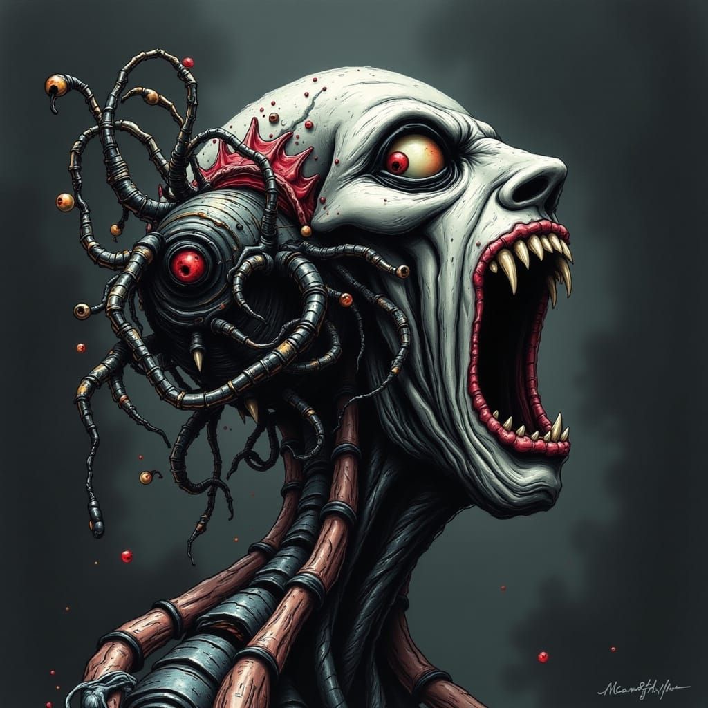Terrified Face with Biomechanical Creature Emerging