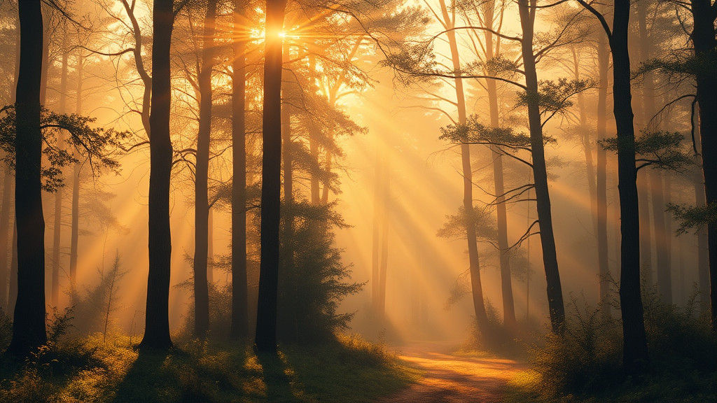 Misty Golden Hour Forest Landscape Painting