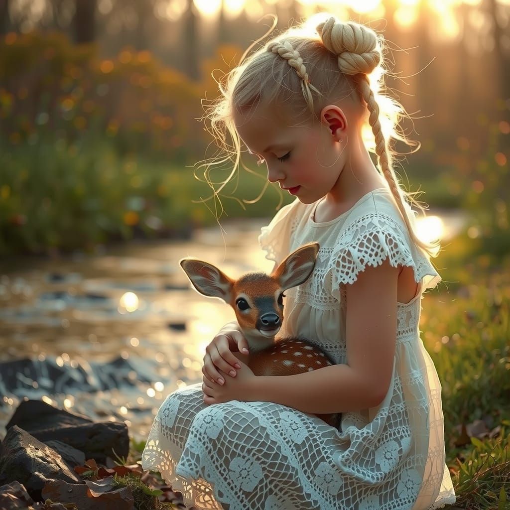 Ethereal Woodland Scene at Dusk with Girl and Deer