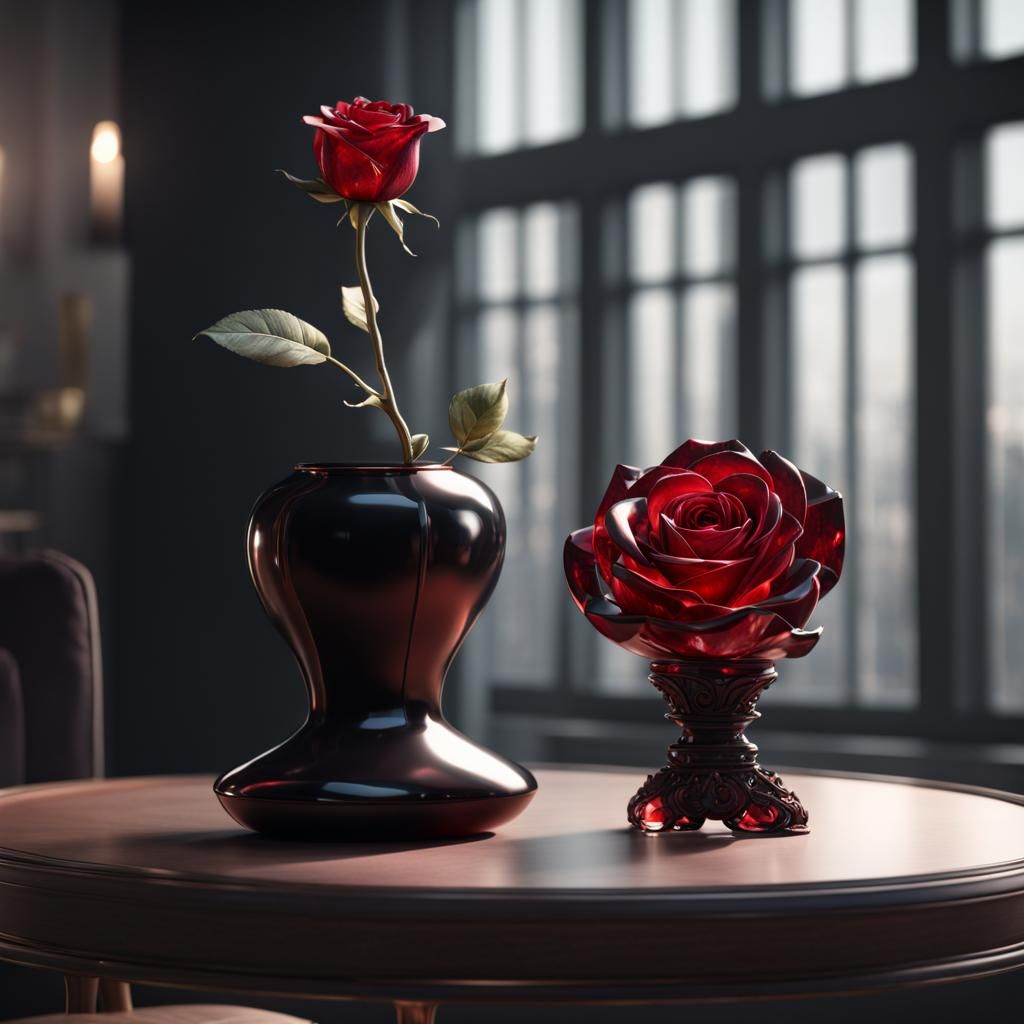 Red Crystal Rose in Black Vase, Digital Painting