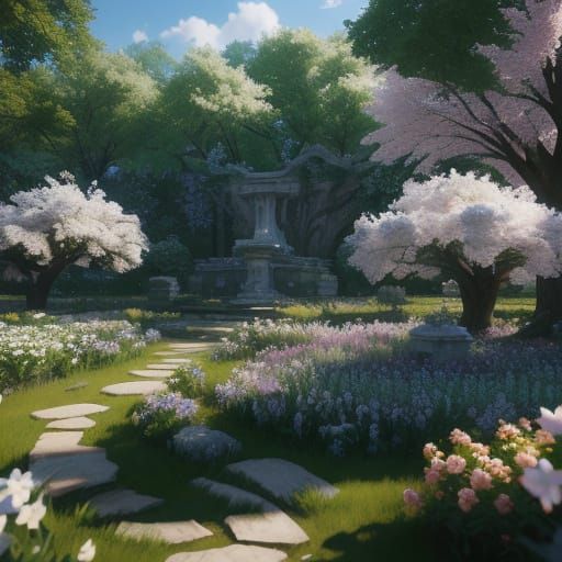 Woman with White Hair in Spring Garden, 3D Render