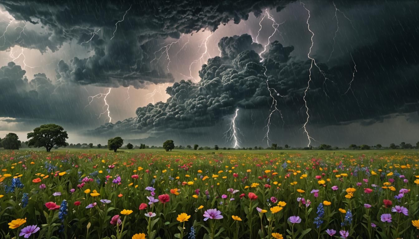 Rainstorm Over a Vivid Flower Field, Digital Painting