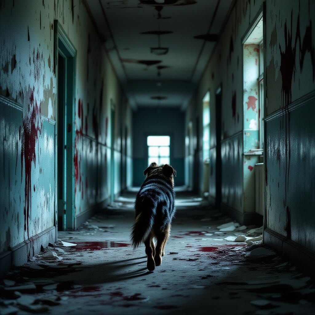 Creepy Stray Dog in Abandoned Asylum Corridor