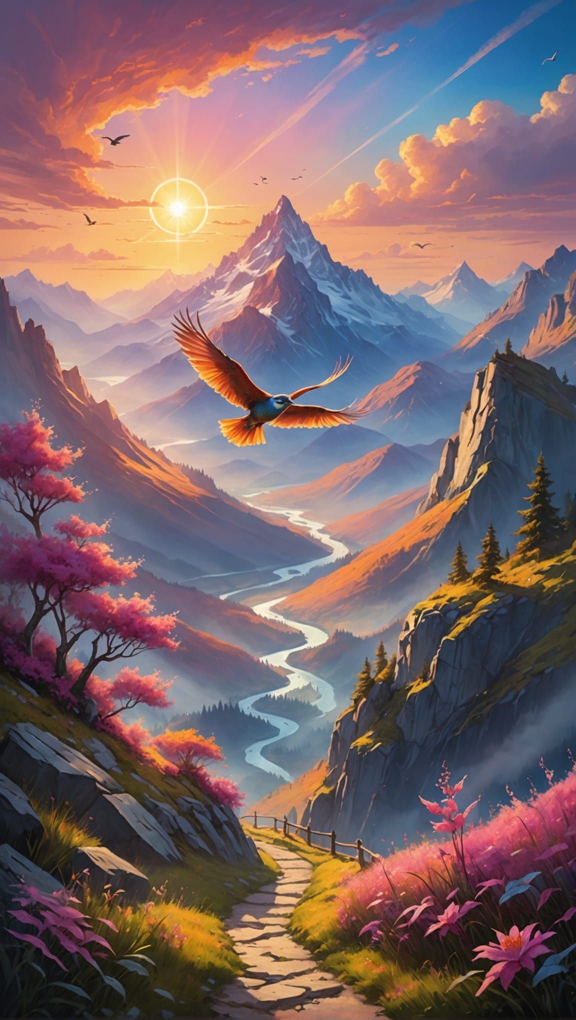 Misty Mountains Sunrise with Glowing Path