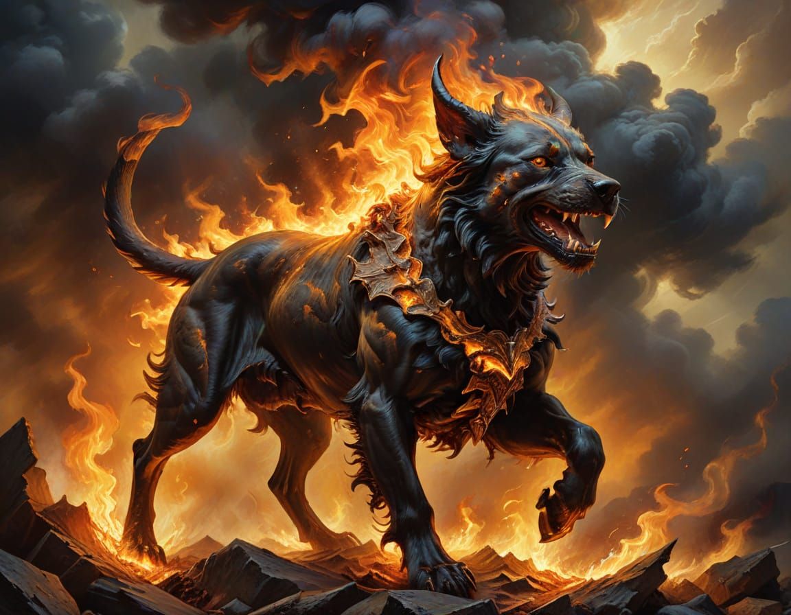 Fiery Demon Hound Over Fallen Knight, Baroque Oil Painting