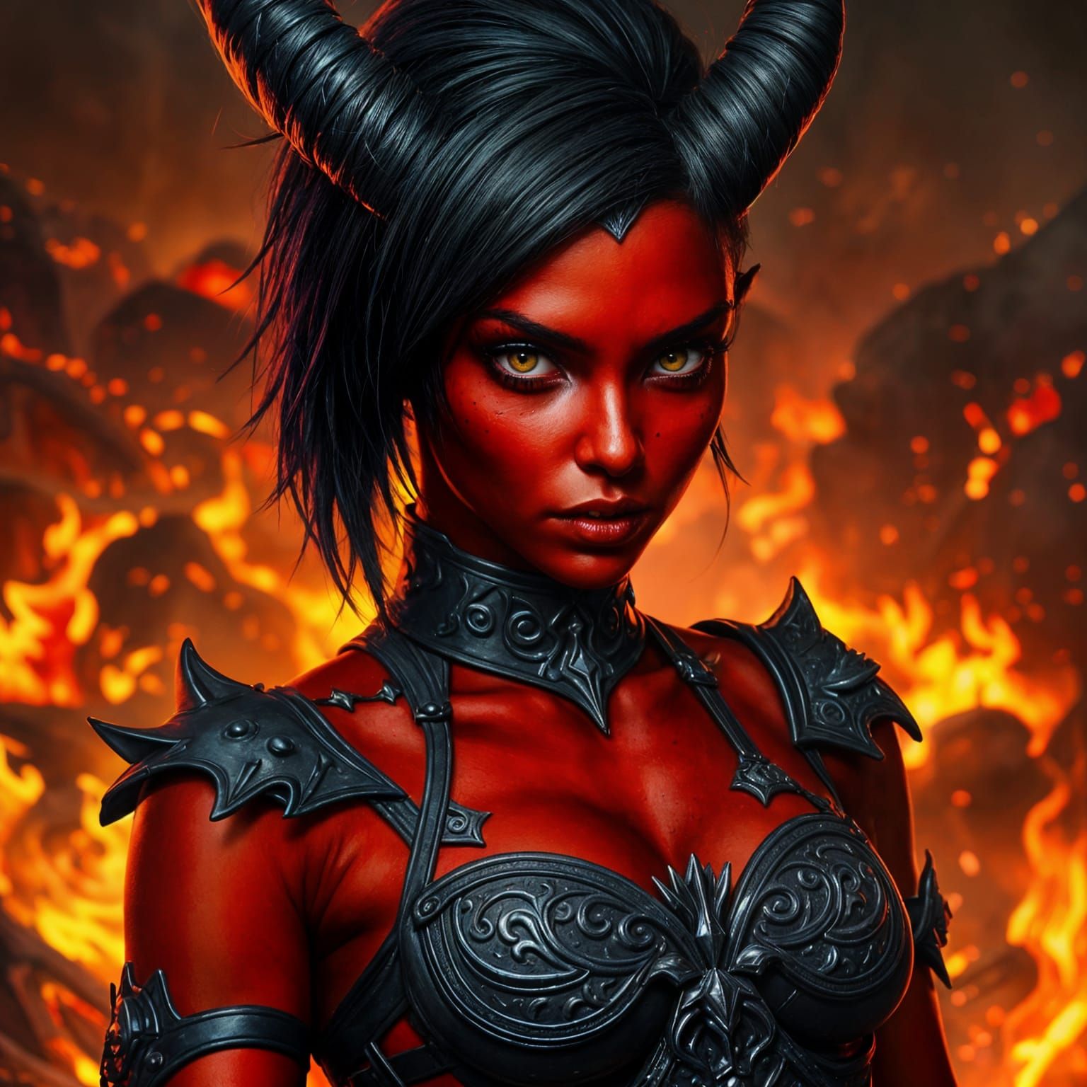 Epic Female Demon in Fiery Fantasy Landscape