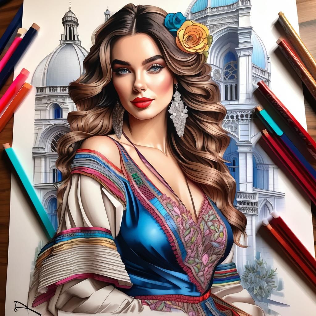 Stunning French Woman: 3D Color Sketch Portrait