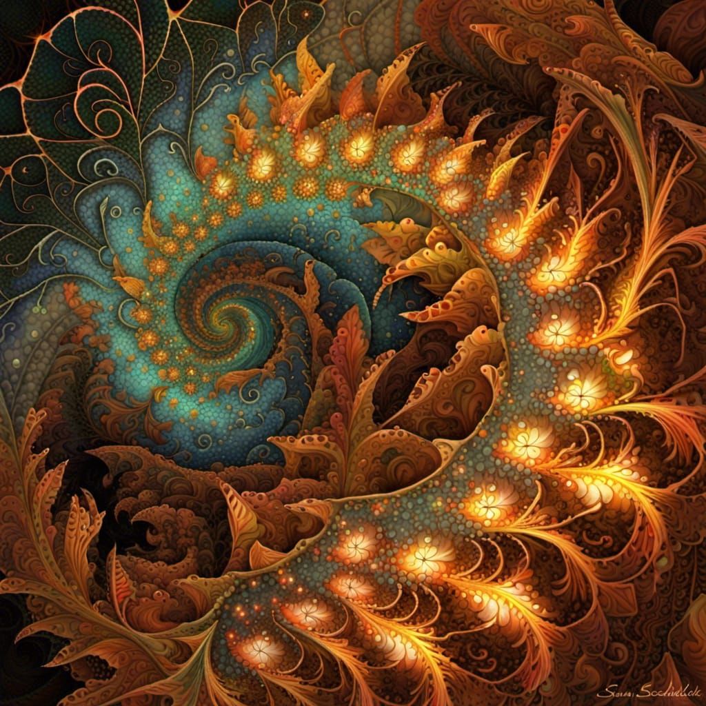 Fire Rhinoceros on Fractal Flower, Pointillism Art