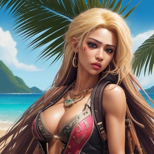Detailed Female Pirate on Tropical Beach in Hyperrealism