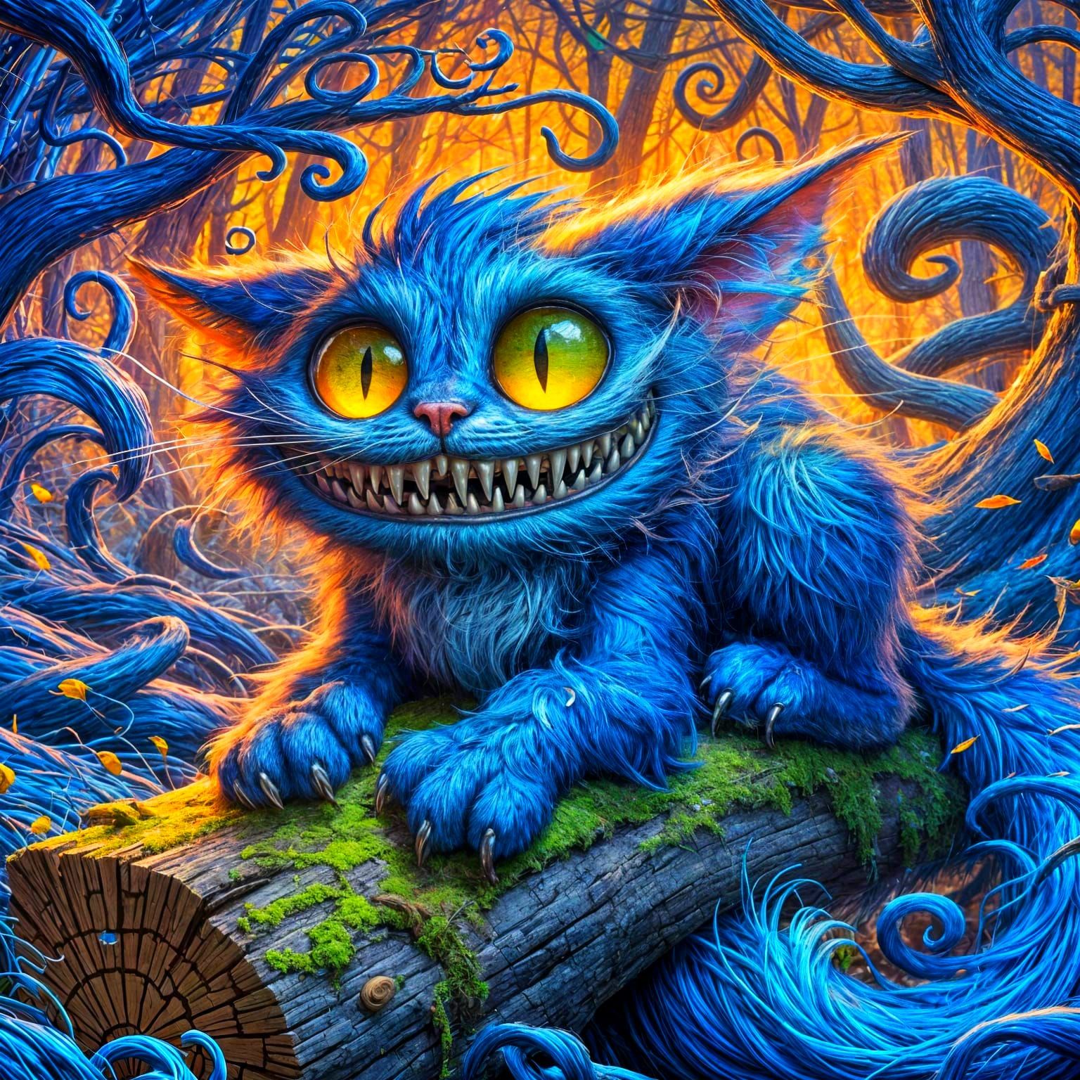 Manic Blue Cat Grinning in Surreal Forest