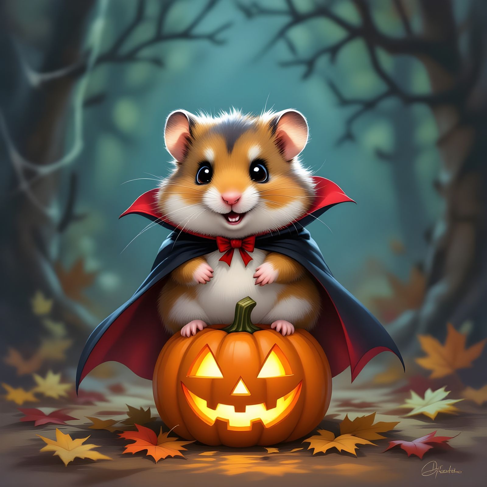 Adorable Vampire Hamster on Pumpkin