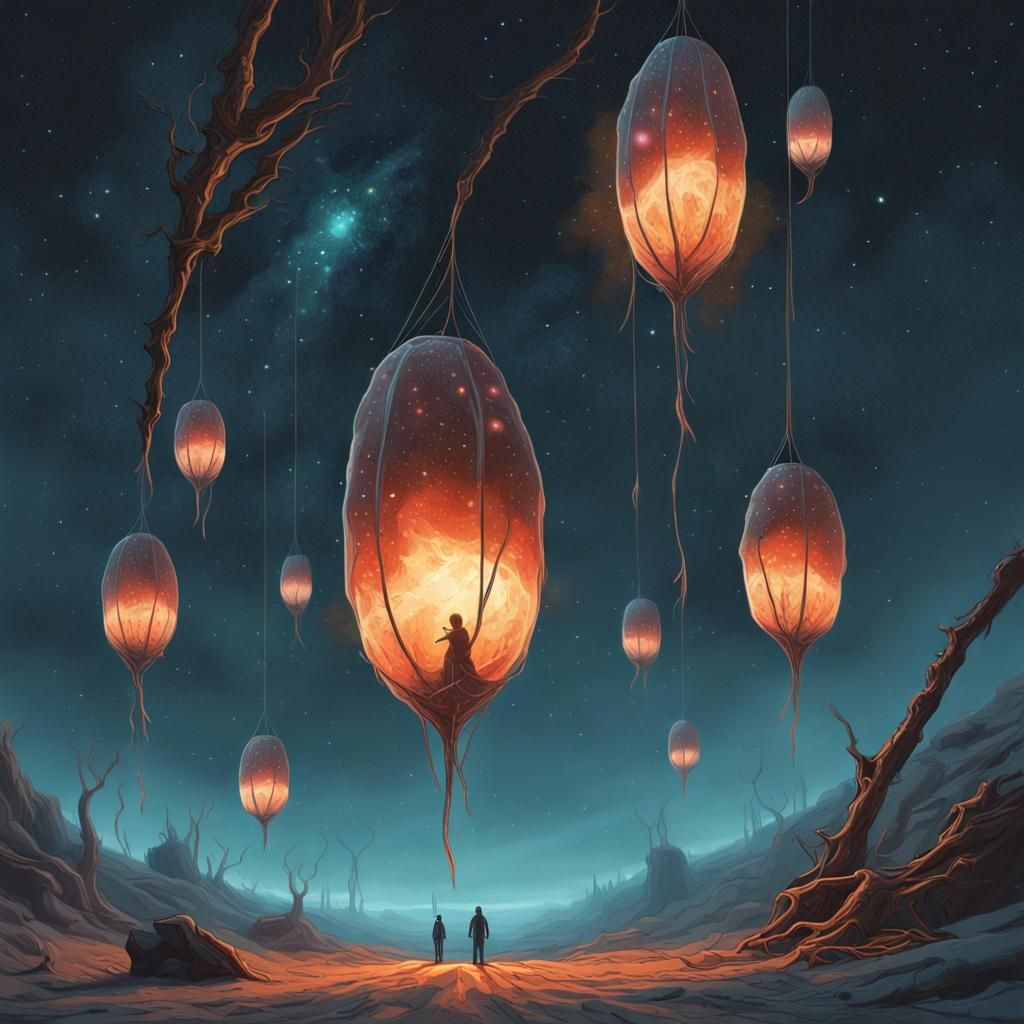 Ethereal Cocoons in Space: A Hyperrealistic Vision