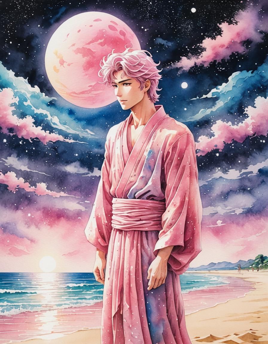Pink Sand Ghost on Magical Beach: 80s Anime Watercolor