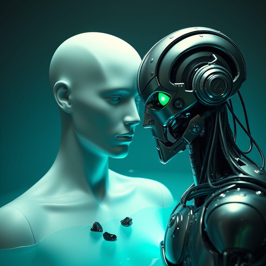 Mannequin Dissolving in Acid Facing Futuristic Robot