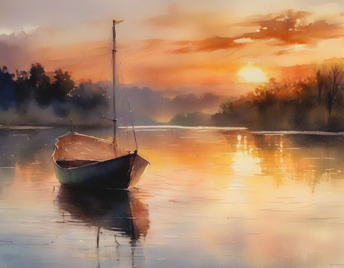 Whimsical Lake Scene in Dreamy Watercolour Style