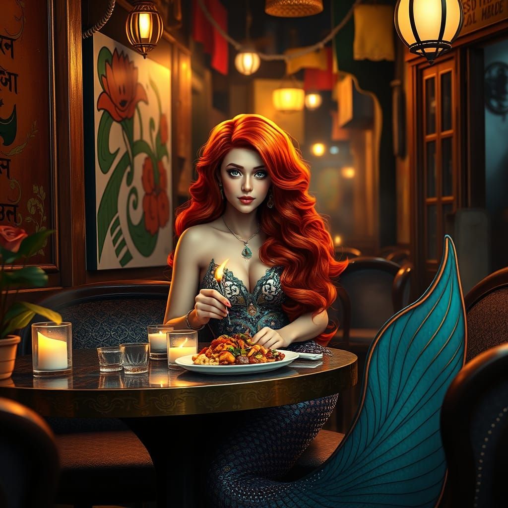 Mermaid Savoring Bengali Cuisine in Charming Calcutta Cafe