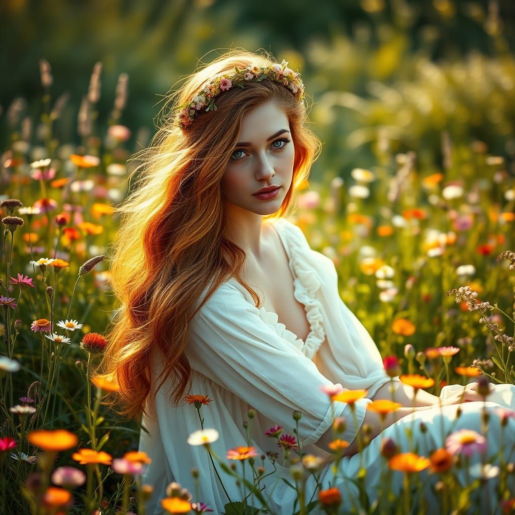 Woman in Wildflower Field: Pre-Raphaelite Style