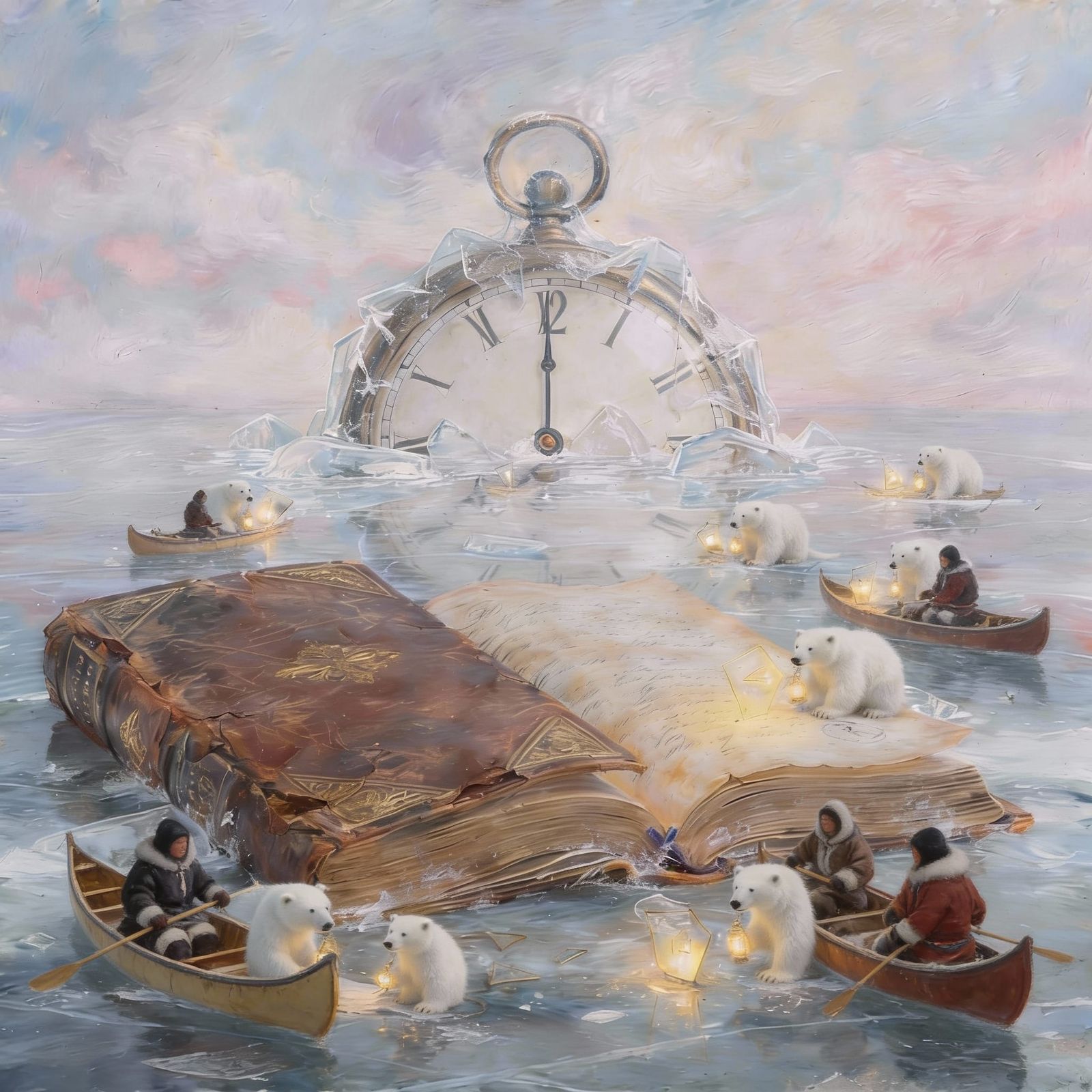 Surreal Dreamscape with Icy Clock and Clockwork Mice