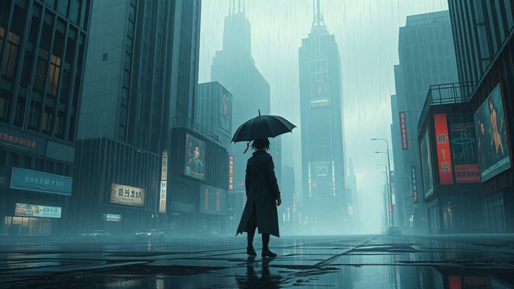 Futuristic Cityscape Under Acid Rain, in Anime-Inspired Cybe...