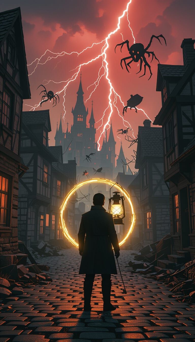 Hero with Lantern Between Worlds in Dystopian Style