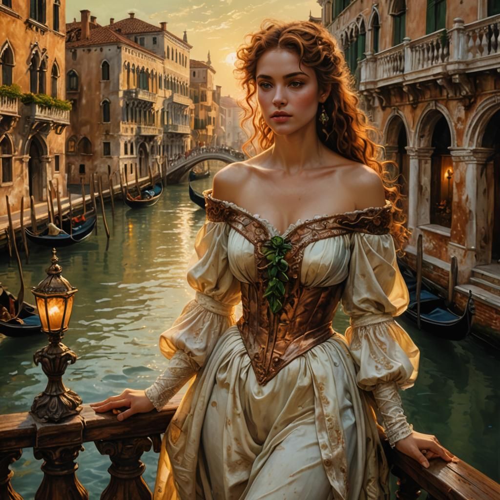 Romantic Fantasy Woman in Golden Hour Venice