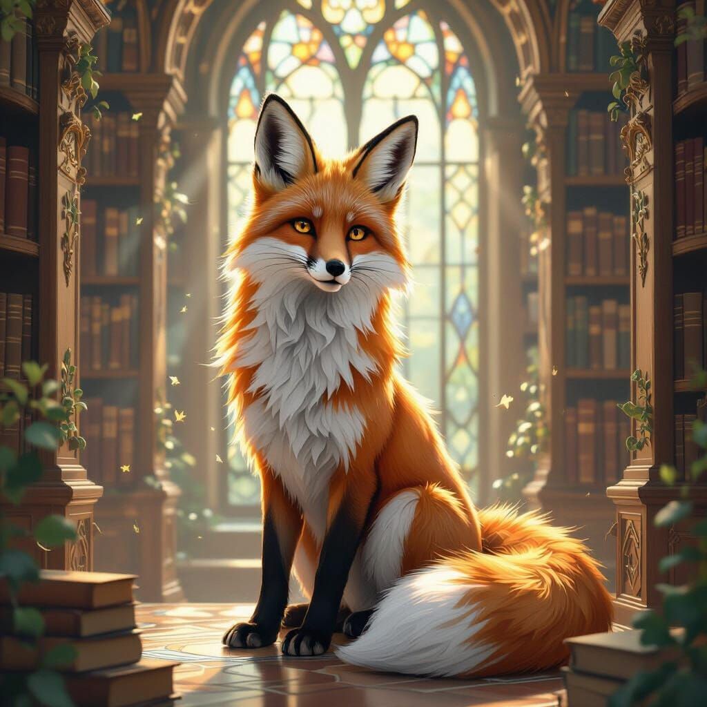 Art Nouveau Fox in Whimsical Library