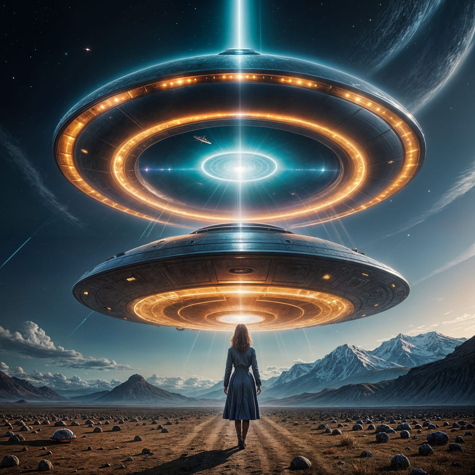 Breathtaking Flying Saucer Illuminates a Stunning Woman