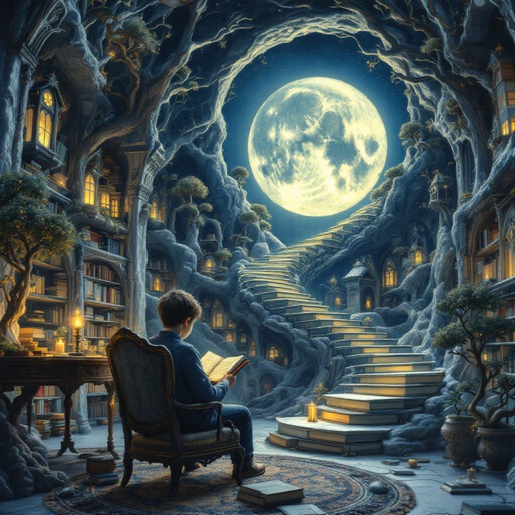 Surreal Library Within the Shimmering Silver Moon