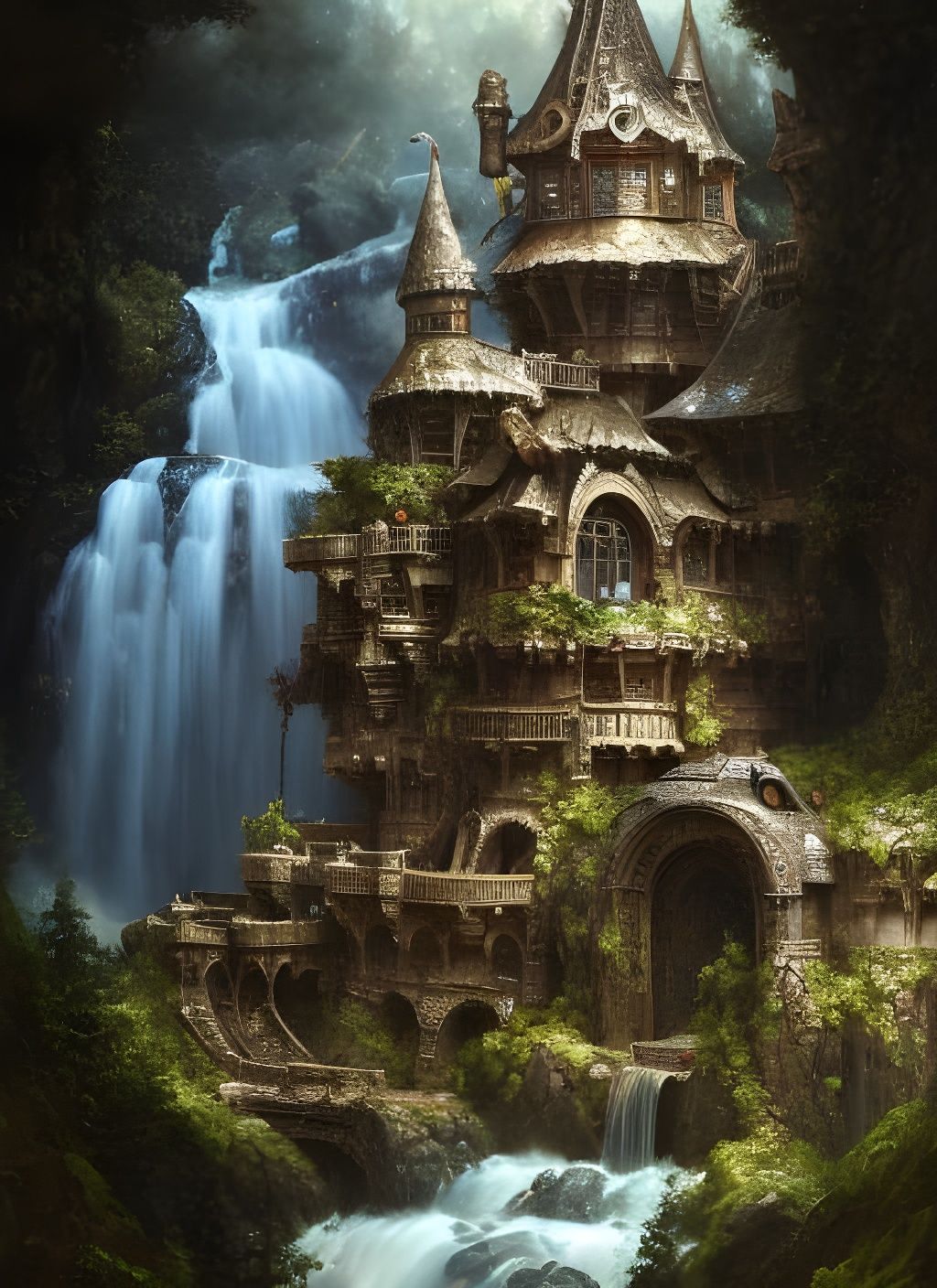 Jade Castle on Turtle Above Waterfall, Oil Painting