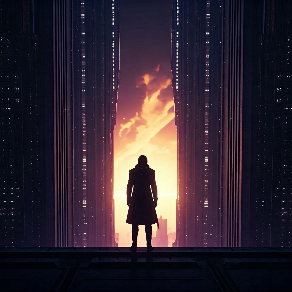 Futuristic Silhouette Gazing Down, Dark Fantasy Concept Art