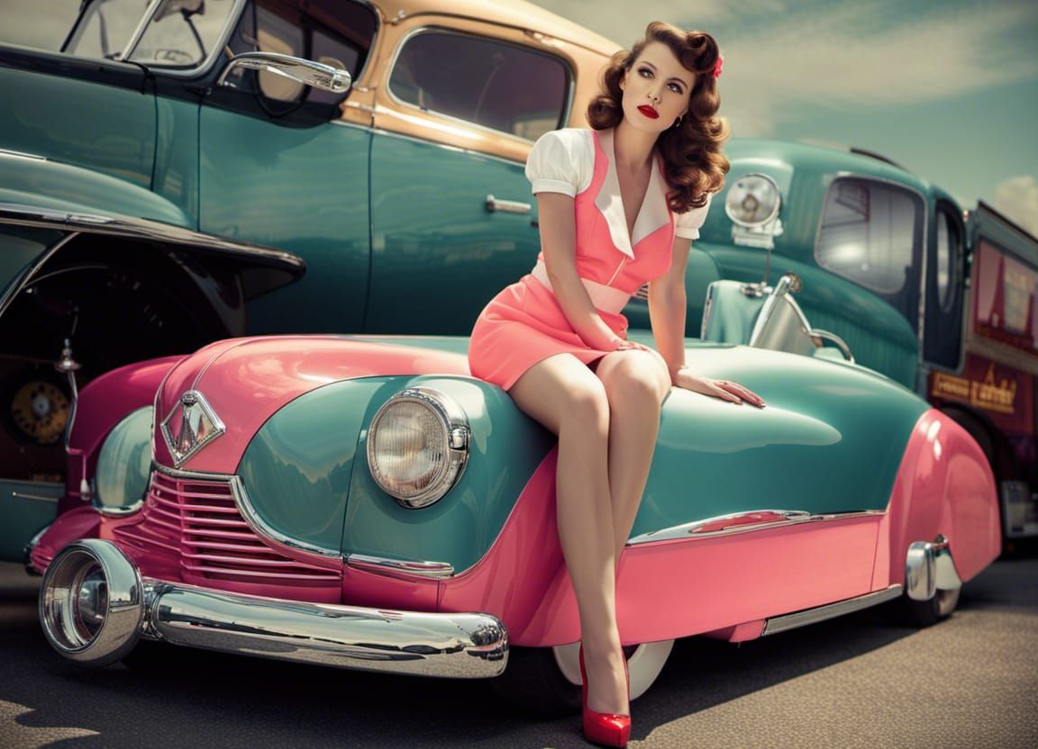 1940s Pinup Girl with Hot Rod Car