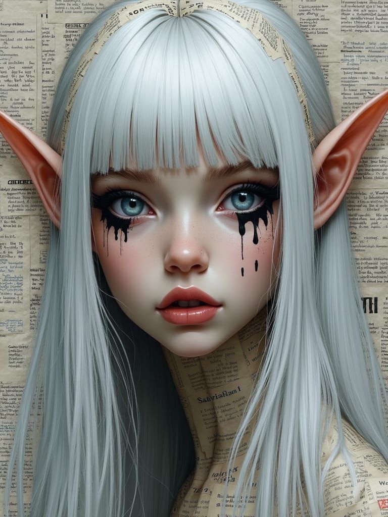Elf Portrait with Newspaper Skin in Surreal Photorealism