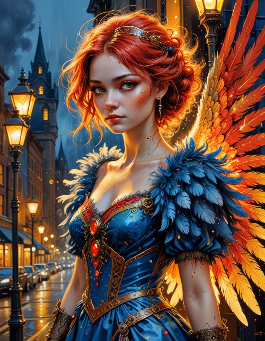 Steampunk Angel with Fire-Red Fur as Oil Painting