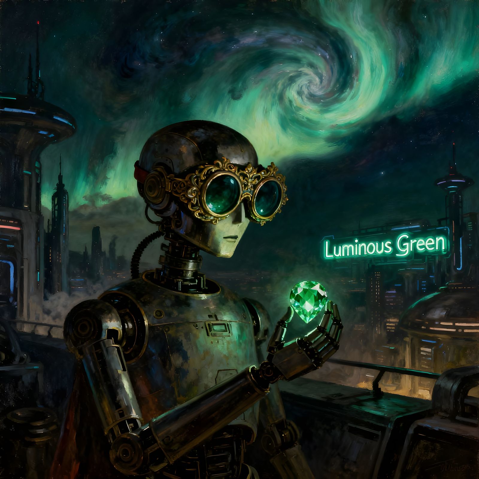 Robot's Luminous Green Kiss in Thunder Goggles