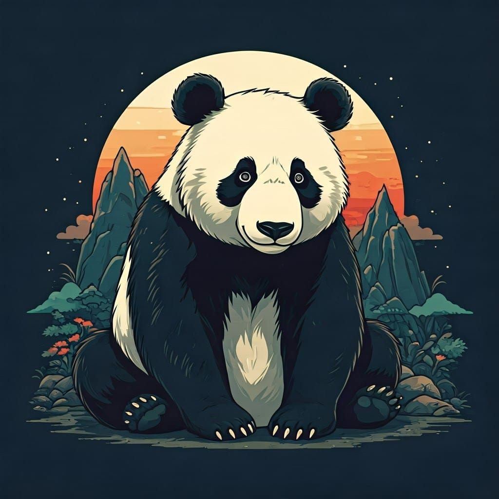 Panda Bear in Ukiyo-e Style Woodblock Print