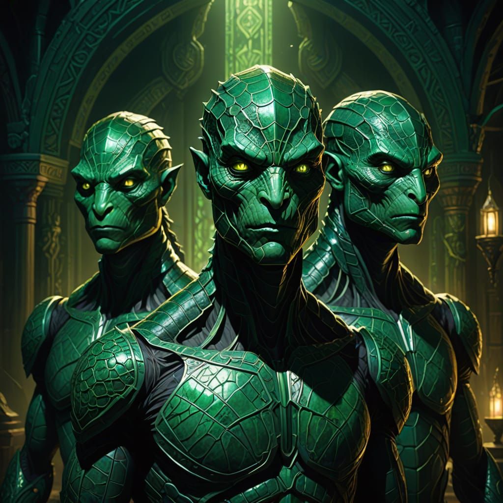 Reptilian Humanoids in Dimly Lit Chamber