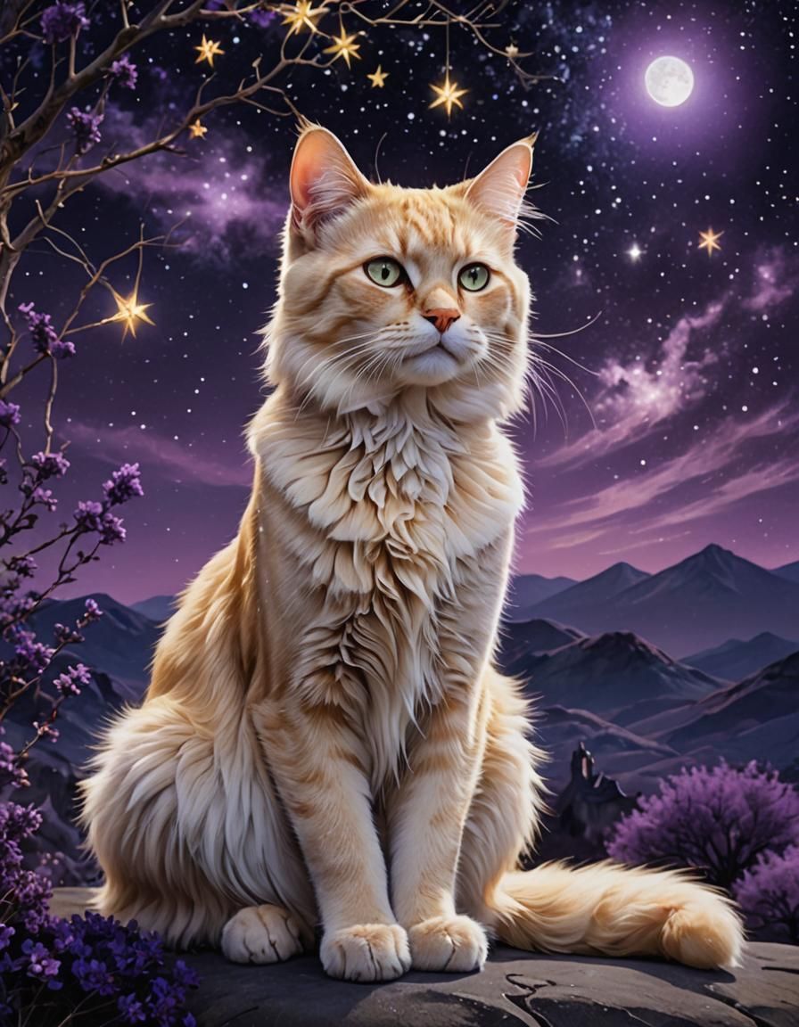 Majestic Blonde Cat in Mystical Purple Landscape